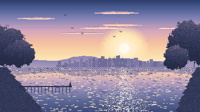 Pixel art of a lake with a city on the far shore and someone sitting at the end of a pier